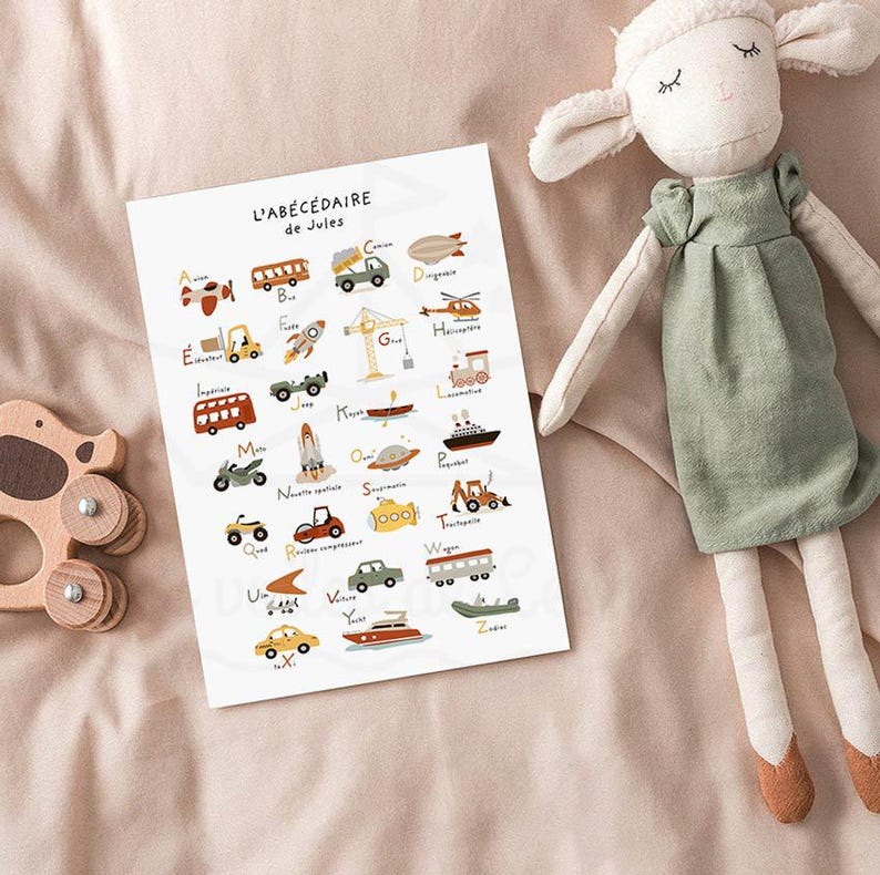 affiche abécédaire véhicules prénom décoration personnalisée enfant transport