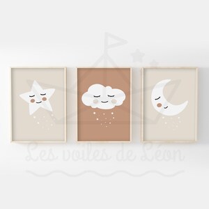 Conjunto de 3 pósteres infantiles de luna, estrella y nube de 30 x 40 cm, decoración de habitación de bebé, póster de pared bohemio con cielo, idea de regalo para niña o niño.