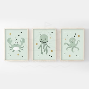 Los mit 3 Meeresplakaten für Kinder, 30 x 40 cm, Meerestrio, Krabbe, Qualle, Oktopus, Wanddekoration, Babyzimmer, Ozean, Geburt, Geschenkidee
