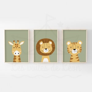 Lote de 3 carteles de safari para niños A4 (21x29,7 cm) o 13x18 cm león jirafa tigre decoración de pared habitación de bebé idea de regalo de nacimiento