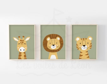 Set van 3 kindersafari posters A4 (21x29,7cm) of 13x18cm leeuw giraffe tijger wanddecoratie babykamer baby cadeau idee