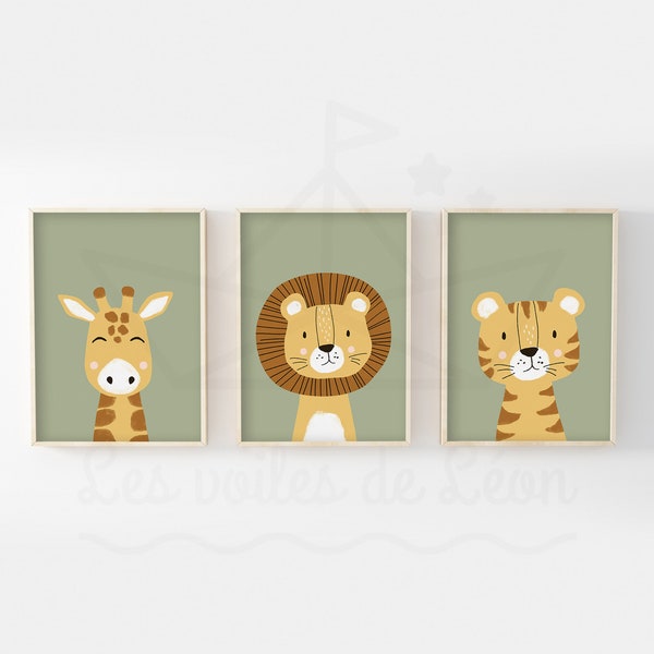 Set mit 3 Safari-Postern für Kinder: Löwe, Giraffe, Tiger. Wanddekoration fürs Babyzimmer. Geschenkidee zur Babyparty.