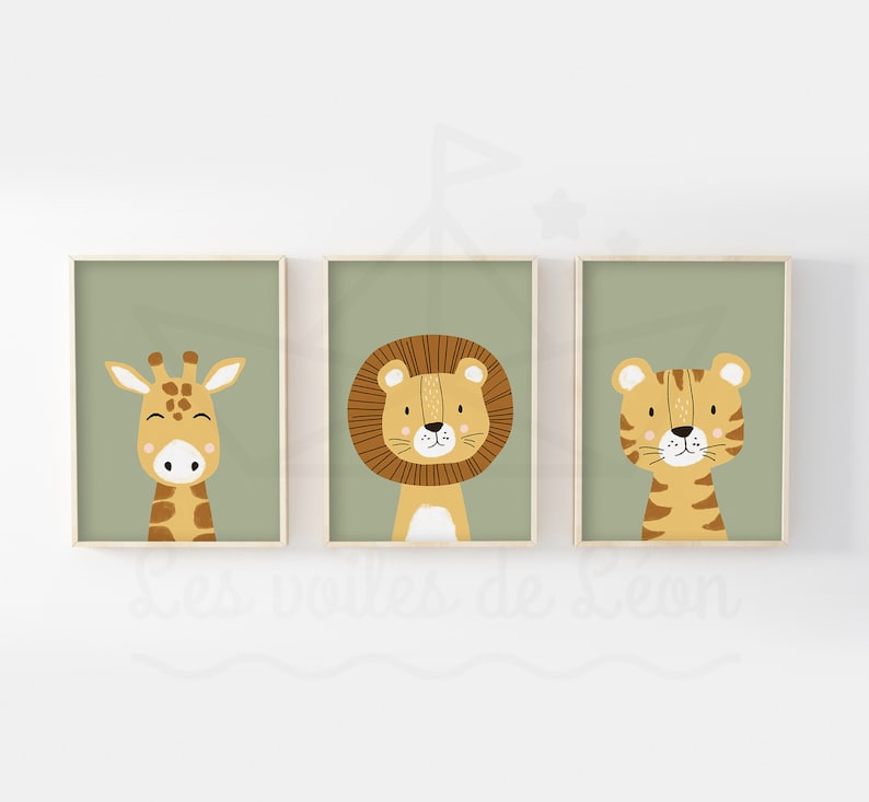 Lot 3 affiches enfant safari A421x29,7cm ou 13x18cm lion girafe tigre décoration murale chambre bébé idée cadeau naissance image 1