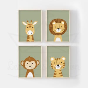 Lote de 4 carteles de safari 30x40 cm león jirafa tigre mono cartel decoración de la pared de la habitación del bebé sabana idea de regalo nacimiento mixto niña, niño