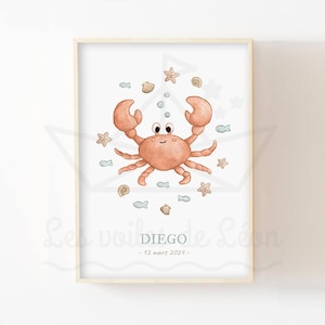 Póster de cangrejo bebé A4 (21 x 29,7 cm) O 13 x 18 cm, ilustración de acuarela, decoración de pared de mar, habitación infantil, póster de animales del océano, regalo de nacimiento