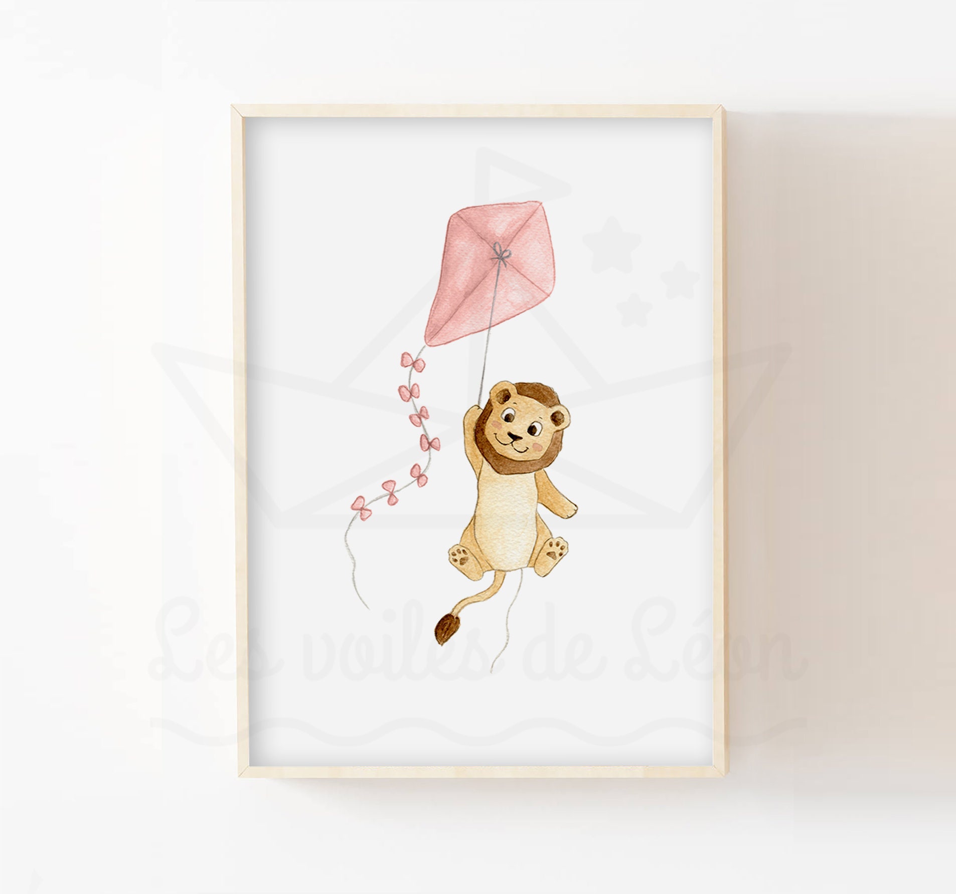 Poster Bébé Lion 30x40cm Aquarelle Cerf-Volant Ciel Idée Cadeau Naissance Décoration Murale Chambre 