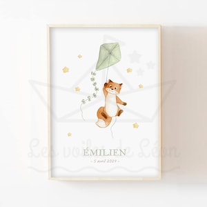 Baby fox poster A4 (21x29.7cm) OR 13x18cm watercolor illustration kite stars child room decoration poster animals birth