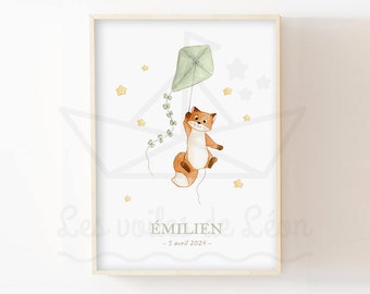 Poster bébé renard A4(21x29,7cm) OU 13x18cm illustration aquarelle cerf-volant étoiles décoration chambre enfant poster animaux naissance