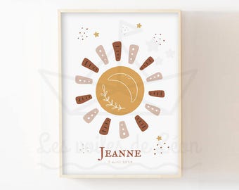 Children's sun poster, baby room decoration, boho terracotta, personalized poster with name, boho birth gift