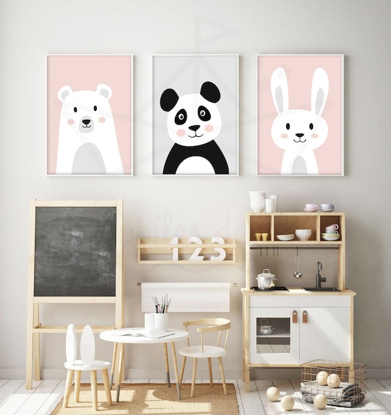 Poster Chambre d'enfant - Ours, Lapin et Panda - Cadeau Bébé Fille