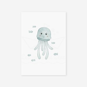 May include: A watercolor illustration of a light blue jellyfish with a smiling face and a white background. The jellyfish has eight tentacles and is surrounded by small, light blue fish.