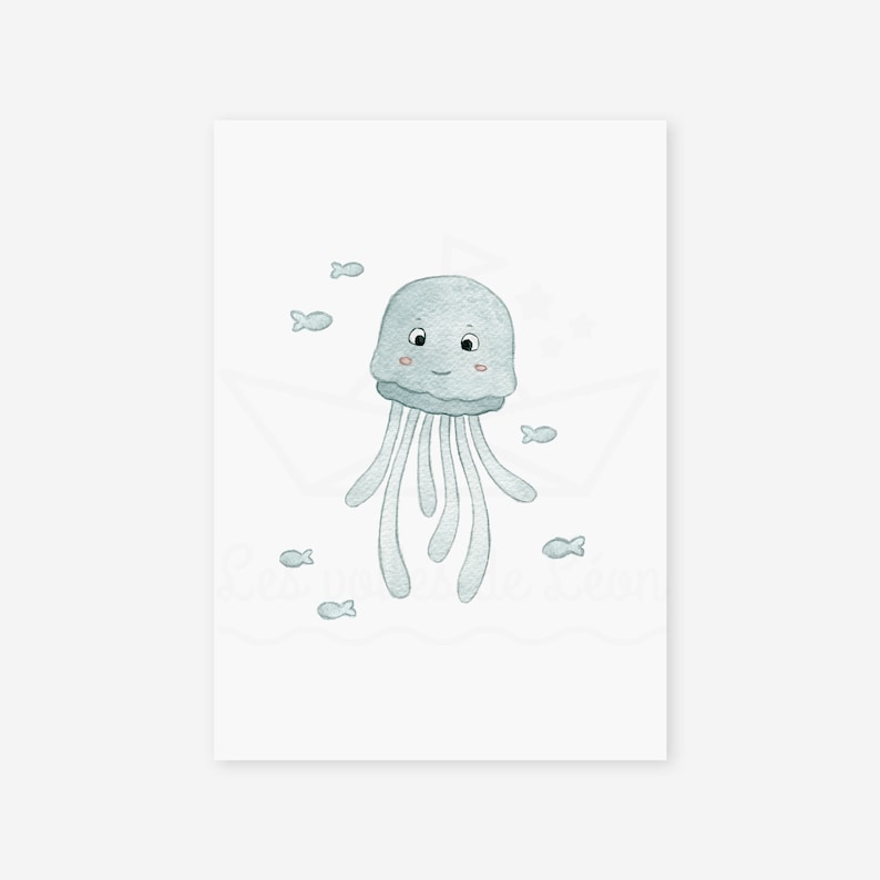 May include: A watercolor illustration of a light blue jellyfish with a smiling face and a white background. The jellyfish has eight tentacles and is surrounded by small, light blue fish.