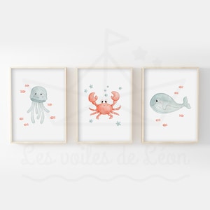 Watercolors baby room A4 (21x29.7cm) or 13x18cm child wall decoration sea illustrations jellyfish crab whale animal posters