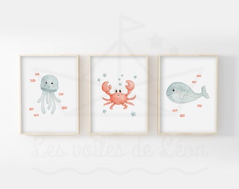 Watercolors for baby's room, children's wall decor, sea illustrations, jellyfish, crab, whale, animal posters