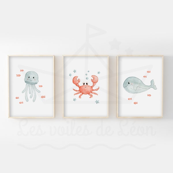 Aquarelles chambre bébé A4(21x29,7cm) ou 13x18cm décoration murale enfant mer illustrations méduse crabe baleine posters animaux