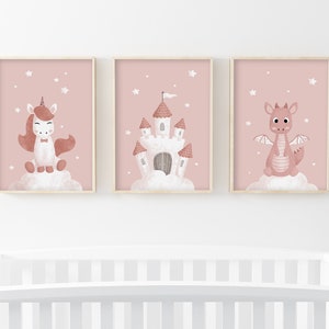 Lote de 3 láminas infantiles 30x40 colección princesas, unicornio, castillo, dragón, regalo de nacimiento, habitación infantil/bebé, decoración cuento niña