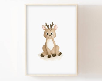 Wanddecoratie 30x40cm babykamer aquarel hert poster kind afdrukken dieren bos beige bruin