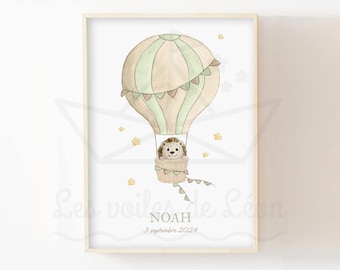 Baby hedgehog hot air balloon watercolor poster, birth gift, nursery wall decoration, forest animal poster