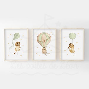 Set de 3 acuarelas habitación bebé safari 30x40cm ilustraciones león globo cometa globo aerostático decoración pared cartel nacimiento niño estrellas