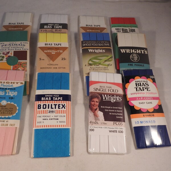 Vintage Bias Tape Single Fold, Lot of 12:  Wright's, Star, J&P Coats, Boiltex, Penimaid, Various Colors