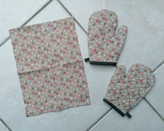 Dinette: set of 2 kitchen gloves + 1 tea towel to play dinette - customizable - Montessori