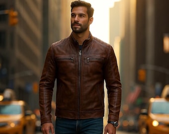 Men's Genuine Leather Jacket – Handmade Biker Style, Slim Fit, Custom Made | Real Cowhide/Sheepskin | Motorcycle & Fashion Wear