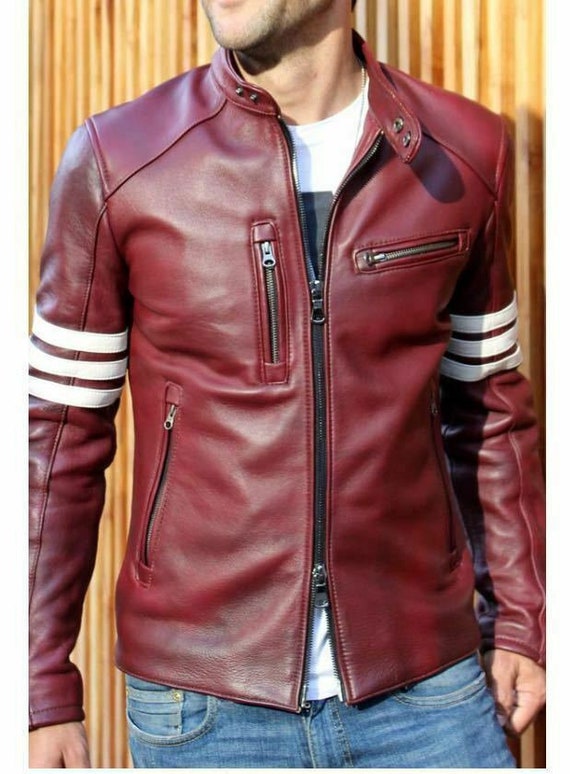 Men's Fashion Leather Jacket Biker Riding Maroon Genuine | Etsy
