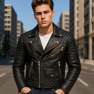 May include: Black leather jacket with quilted shoulder and sleeve detailing. The jacket features a classic asymmetrical zipper closure, multiple zippered pockets, and a snap-down lapel. The model is wearing a white t-shirt underneath. The jacket is a stylish outerwear option.