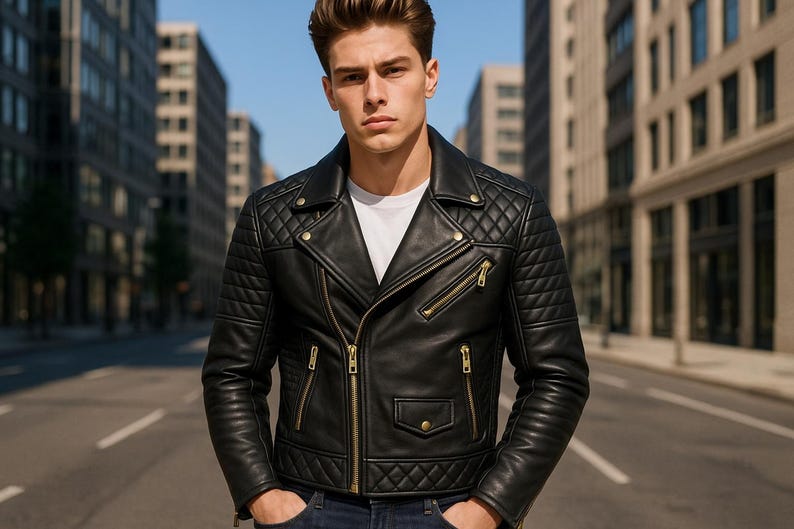 May include: Black leather jacket with quilted shoulder and sleeve detailing. The jacket features a classic asymmetrical zipper closure, multiple zippered pockets, and a snap-down lapel. The model is wearing a white t-shirt underneath. The jacket is a stylish outerwear option.