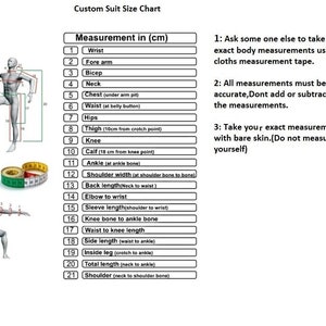 Puede incluir: Un diagrama que muestra c&oacute;mo tomar medidas para un traje a medida. El diagrama muestra a una persona de pie con varias partes del cuerpo etiquetadas con n&uacute;meros. El texto junto al diagrama explica c&oacute;mo tomar las medidas.