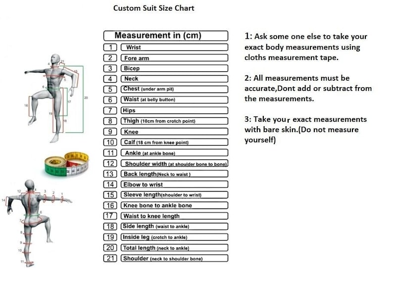 Puede incluir: Un diagrama que muestra c&oacute;mo tomar medidas para un traje a medida. El diagrama muestra a una persona de pie con varias partes del cuerpo etiquetadas con n&uacute;meros. El texto junto al diagrama explica c&oacute;mo tomar las medidas.