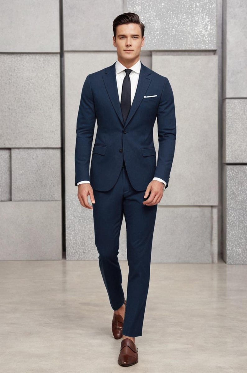 May include: A man wearing a dark blue suit with a white shirt and a black tie. He is wearing brown leather shoes.
