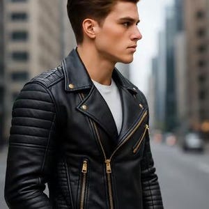 May include: Black leather motorcycle jacket with quilted shoulder detailing and gold zippers. The jacket has a classic biker style with a notched collar and a diagonal zipper closure. The model is wearing a white t-shirt underneath.