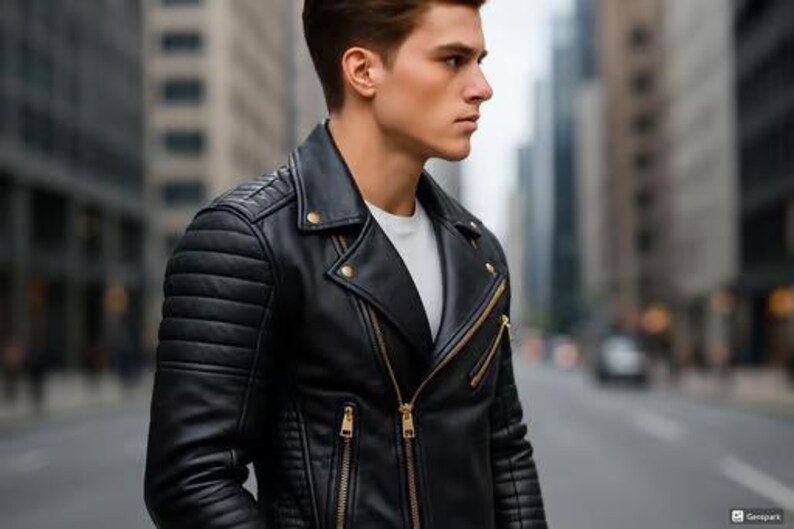May include: Black leather motorcycle jacket with quilted shoulder detailing and gold zippers. The jacket has a classic biker style with a notched collar and a diagonal zipper closure. The model is wearing a white t-shirt underneath.