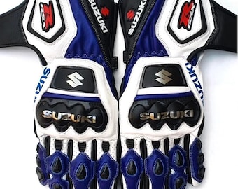Handmade Motorcycle Gloves – Custom Motorbike Suzuki GSXR Racing Leather Biker Gloves | MotoGP Suzuki Riding Gloves | Handschuhe | Guantes