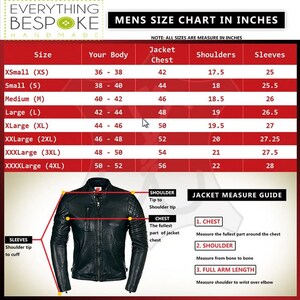 May include: A size chart for men's jackets, with measurements in inches. The chart includes sizes from XSmall to XXXXLarge, detailing chest, shoulder, and sleeve dimensions. A black leather jacket illustration is included to show measurement points.