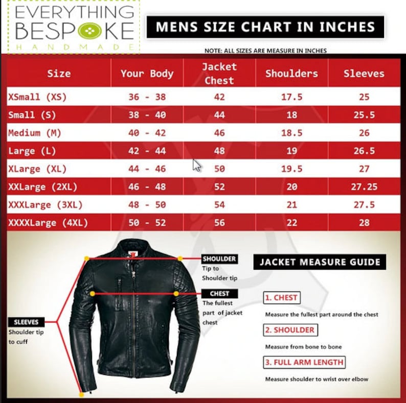 May include: A size chart for men's jackets, with measurements in inches. The chart includes sizes from XSmall to XXXXLarge, detailing chest, shoulder, and sleeve dimensions. A black leather jacket illustration is included to show measurement points.
