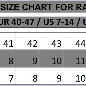 May include: A reference size chart for racing boots with a table displaying size conversions. The header reads REFERENCE SIZE CHART FOR RACING BOOTS and SIZE: EUR 40-47 / US 7-14 / UK 6-13. The table lists corresponding sizes for Europe, USA, and UK.