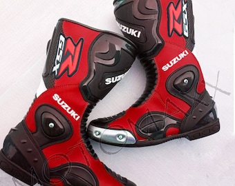 Handmade Suzuki Motorbike Boots, Custom Made MotoGp Motorbike Racing Leather Boots, Botas De Moto, Motorradstiefil,