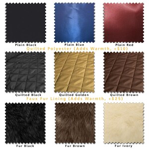 May include: A collection of fabric swatches in various colors and textures. The swatches include plain black, blue, and red fabrics, along with quilted black, golden, and brown options. Also shown are faux fur swatches in black, brown, and ivory.