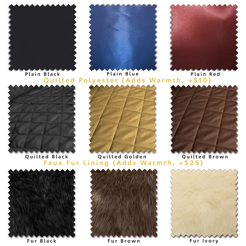 May include: A collection of fabric swatches in various colors and textures. The swatches include plain black, blue, and red fabrics, along with quilted black, golden, and brown options. Also shown are faux fur swatches in black, brown, and ivory.