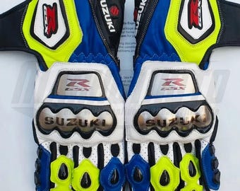 Handmade Motorcycle Gloves – Custom Motorbike Suzuki GSXR Racing Leather Biker Gloves | MotoGP Suzuki Riding Gloves | Handschuhe | Guantes
