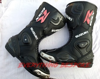 Handgemaakte leren Suzuki-motorfietslaarzen voor GSXR-rijders Biker Racing Racing-laarzen | Waterdichte MotoGP-schoenen, Botas De Moto, Motorradstiefil
