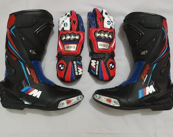 Handgemaakte laarzen en handschoenen voor BMW-motorrijders, op maat gemaakte leren MotoGp BMW Motorbike Racing-laarzen, Botas De Moto, Motorradstiefil,