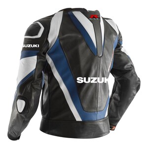 May include: A black, blue, and white leather motorcycle jacket with the word "SUZUKI" printed on the back. The jacket has a white and blue stripe design on the sleeves and chest.