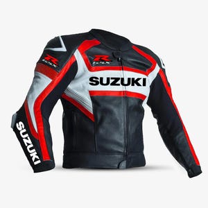 May include: A black, red, and white leather motorcycle jacket with the word "SUZUKI" printed on the chest and "SUZUKI" printed on the left sleeve.