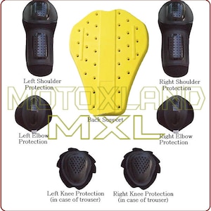 May include: Yellow motorcycle back protector with black padding for the shoulders, elbows, and knees. The padding is labeled "Left Shoulder Protection", "Right Shoulder Protection", "Left Elbow Protection", "Right Elbow Protection", "Left Knee Protection (in case of trouser)", and "Right Knee Protection (in case of trouser)".