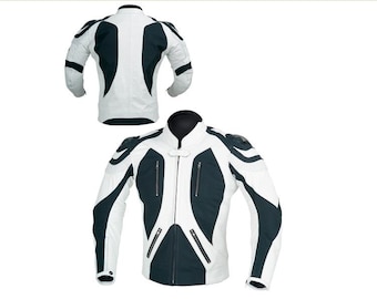 May include: White leather motorcycle jacket with black accents and a zipper closure. The jacket has a sporty design with a black and white color scheme.