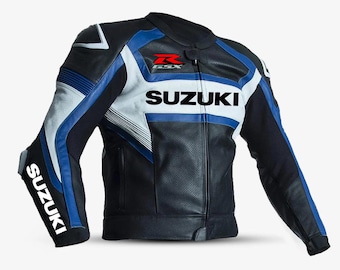 May include: A black and blue leather motorcycle jacket with white accents. The jacket features the Suzuki logo and the text "GSX" on the chest.