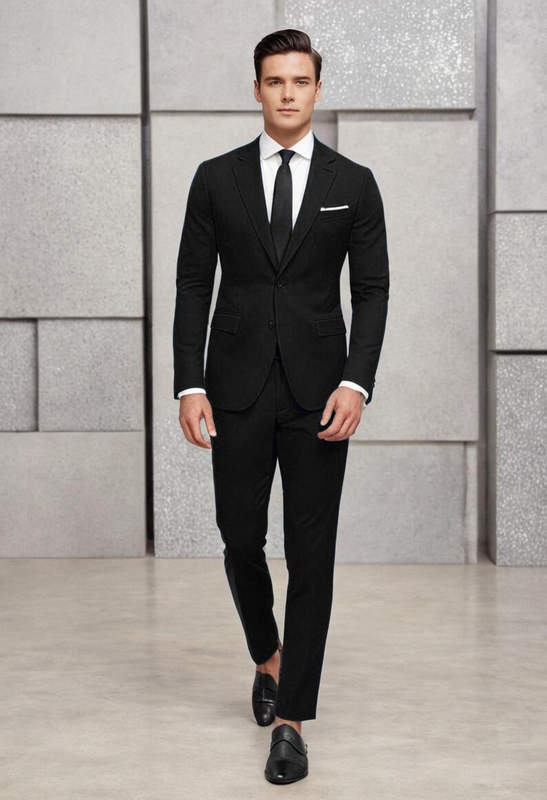 May include: A black suit with a white shirt and a black tie. The man is wearing black shoes.